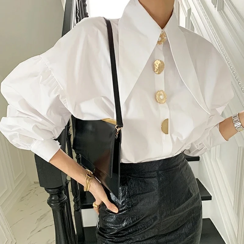 Korean Fashion Elegant Blouse Retro Loose Spring Thin All-match Tops Lapel Turn Down Collar Lantern Sleeve Casual Shirt 17845