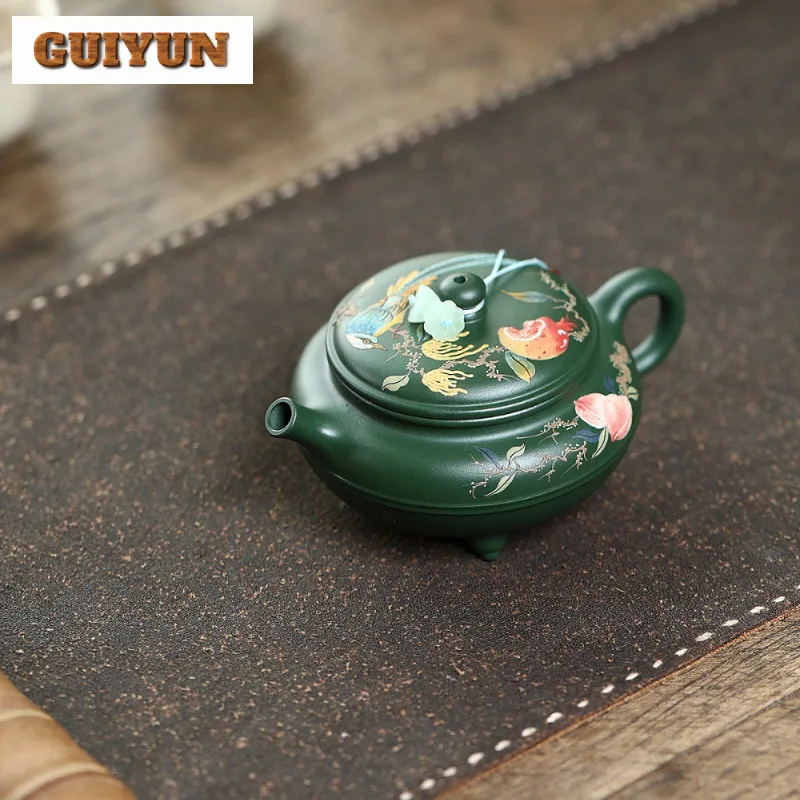

170ml Traditional Yixing Purple Clay Teapots Handmade Tripodia Flowers And Birds Pot Raw Ore Green Mud Kettle Zisha Teaset Craft