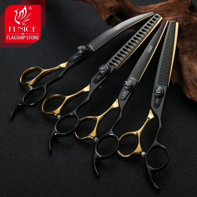 Fenice Professional 7.0/8 Inch Pet Grooming Black Gold JP440C Curved Thinning Cutting  Shears tijeras para cortar pelo de perro