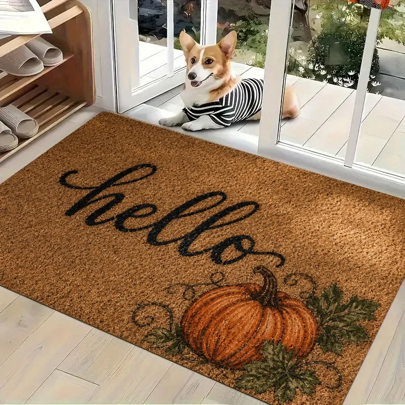 Hello Fall Pumpkin Doormat, Vintage Letter Print Entry Mat, Autumn Season Front Door Home Decor Rug