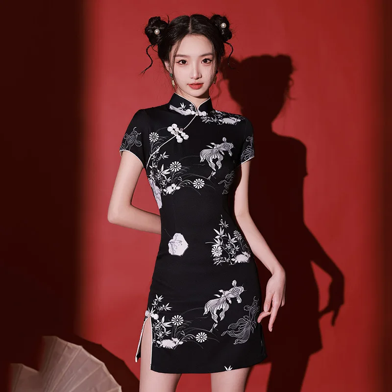 

Black Short Chinese Style Improved Cheongsam 2025 New Young Style Women's Retro Short Sleeve Summer Qipao Dress