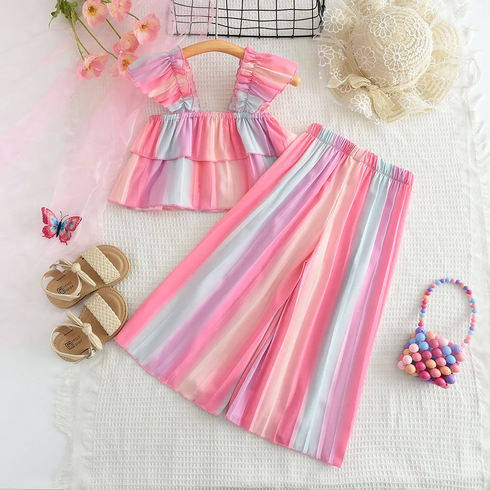 Pink Striped Casual Suit Top and Pants Two-piece Set for Girls Aged 3-4 Summer Promotion