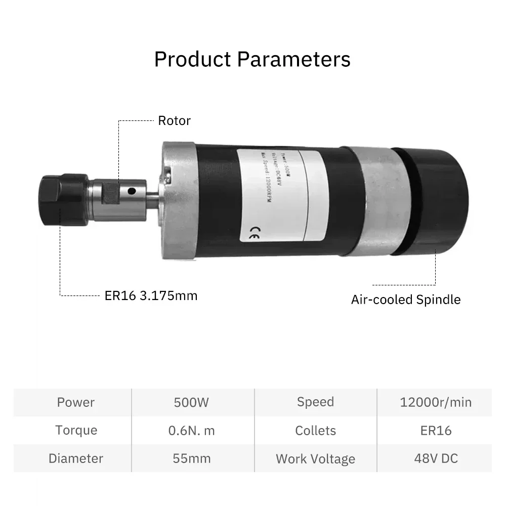 BLDC Brushless Spindle Motor DC48V ER11 ER16 200W/250W/300W/500W with Hall Sensor 12000RPM CNC Router Machine