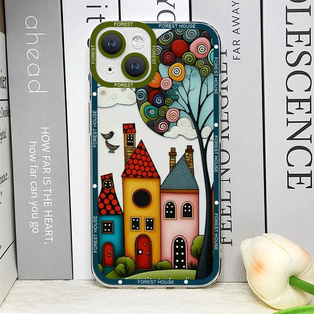 Hand Painted Forest House Phone Case for Iphone 16 15 14 Pro Max 11 13 12 Mini X XR XS 7 8 Plus Shockproof Clear Soft Cover Skin