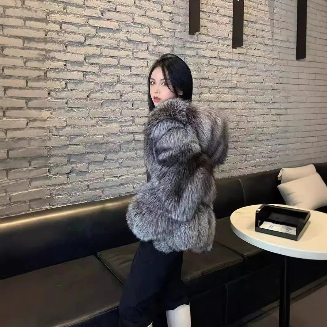

Gradient Women Winter Imitation Fur Jacket Spliced Furry Hood Plush Lady Mink Fur Outwear Chic Artificial Fur Coat For Female