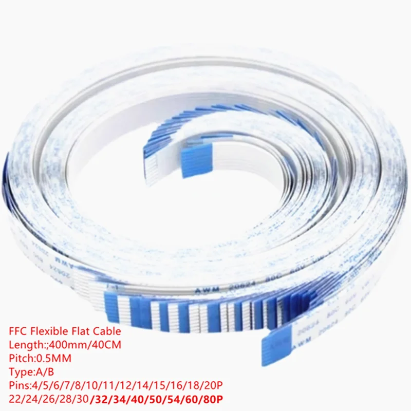 FPC FFC 400mm AWM 20624 80C 60V VW-1 Flexible Flat Cable A/B Type Ribbon Wire 4P/6/8/10/12/14/16/20/22/26/30/40/50/60/80Pin 40CM