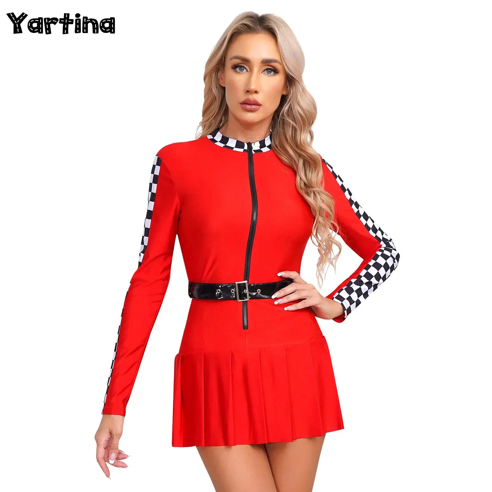 

Womens Speed Racer Car Cosplay Costume Racing Girl Driver Pleated T-Shirt Dress with Belt Long Sleeve Front Zipper Pleated Skirt