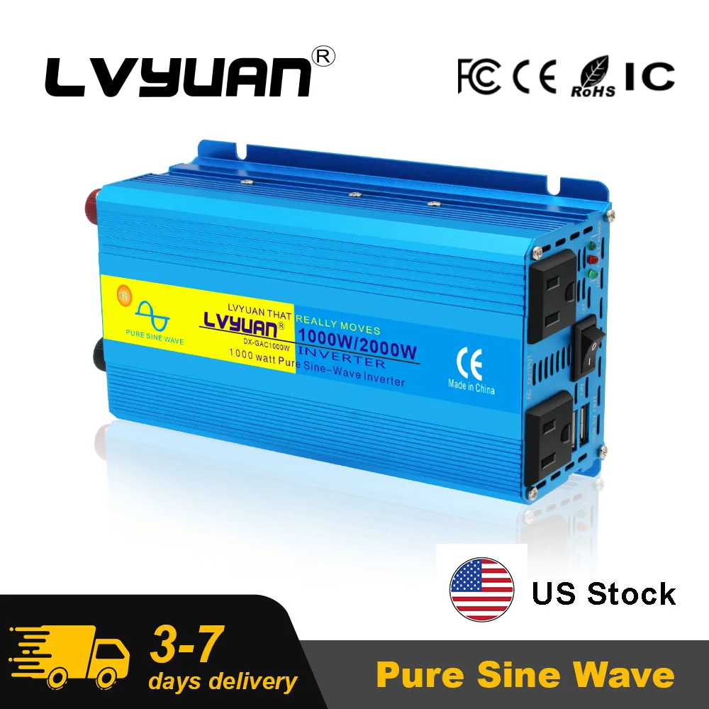 Pure Sine Wave Inverter 1000W/2000W DC 12V to AC110V 120V Dual USB and Dual US Socket Power Converter Car Solar Inverter