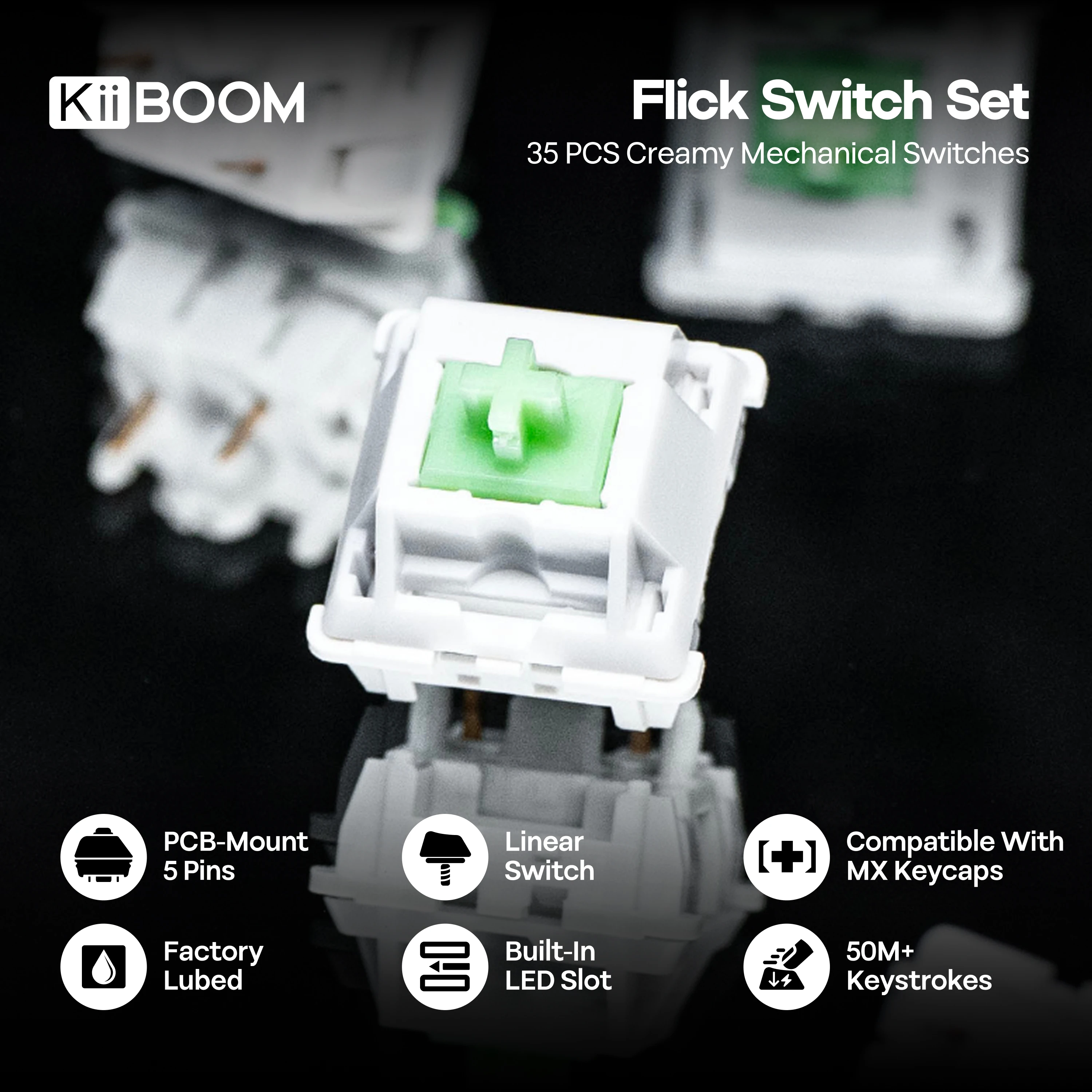 35 Pieces KiiBOOM Flick Linear Switch Set 45gf 5-Pin Pre-Lubed LY Stem Switches Compatible with MX Keycaps for Gaming Keyboard