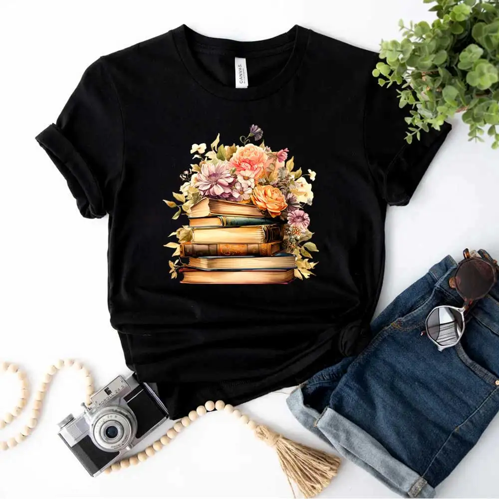 Beautiful Floral Books Iron-on Transfer For Clothing DIY Washable T-shirts Thermal Stickers Books Pile Clipart Patches Appliqued