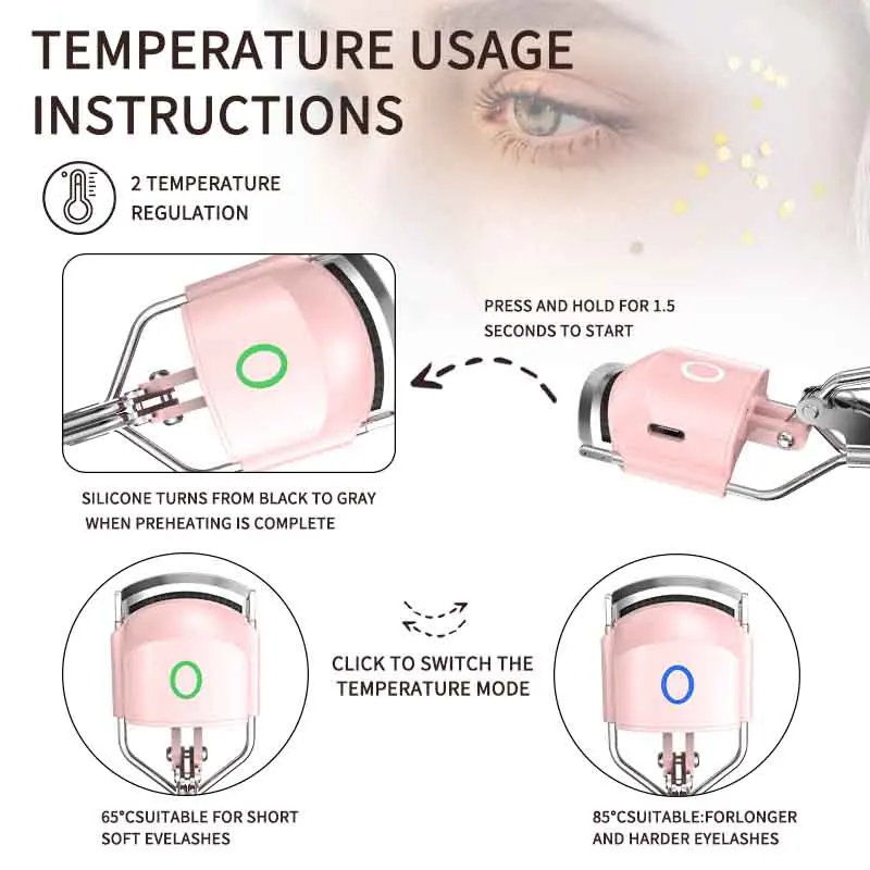 Rizador de pestañas térmico portátil, moldeador permanente y rizador duradero, rizador de pestañas eléctrico, modelo de carga USB, calentamiento rápido