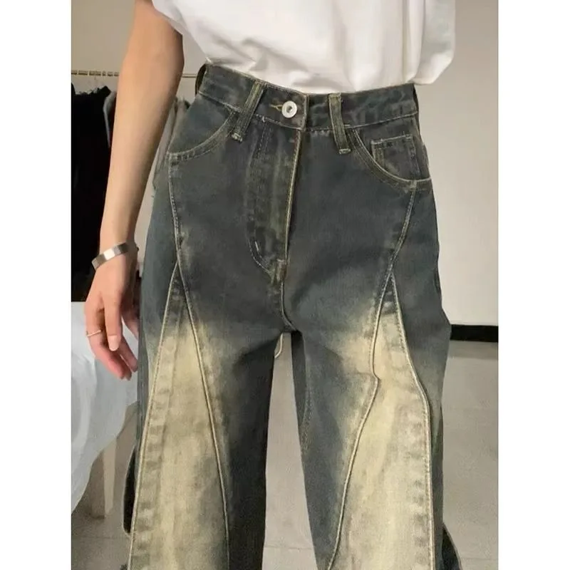 

American trendy workwear jeans, women's spring and autumn new retro design sense, niche loose straight leg wide leg pants