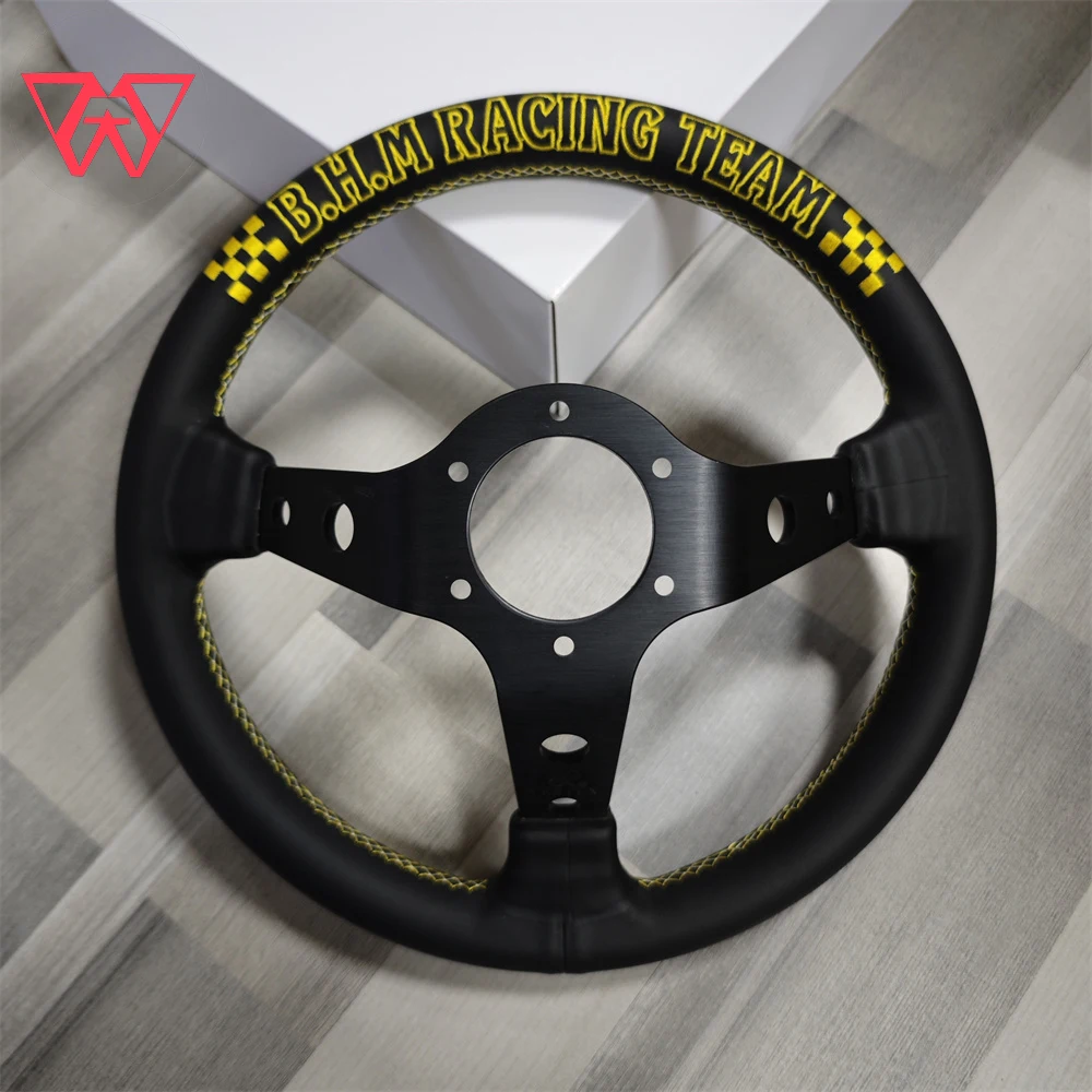 JDM VERTEX Microfiber Leather Car Steering Wheel 330mm Diameter Black With Embroidered Text Deep Dish Drift Steering Wheel