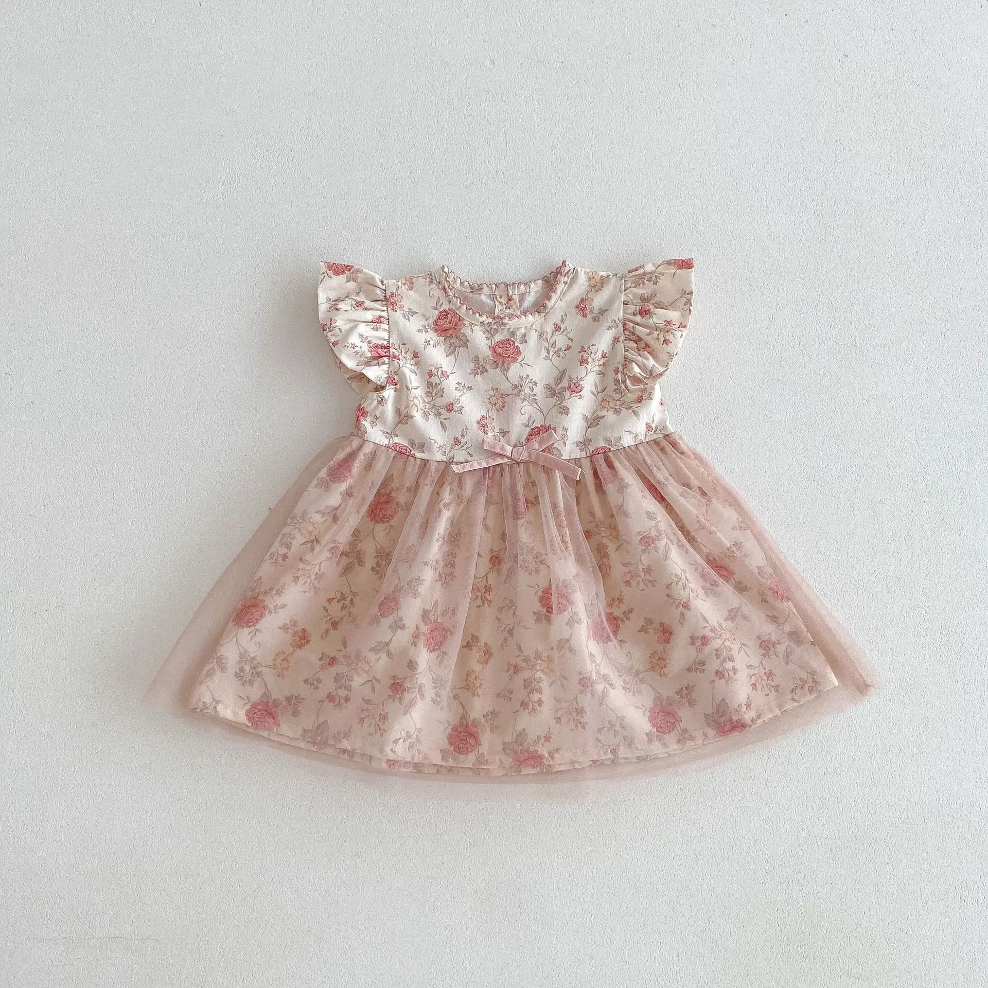 2psc Summer Newborn Infant Baby Girls Floral T-Shirt + Shorts Muslin Bow Netting Dresses Sister Dress Kids Fashion Baby Clothing