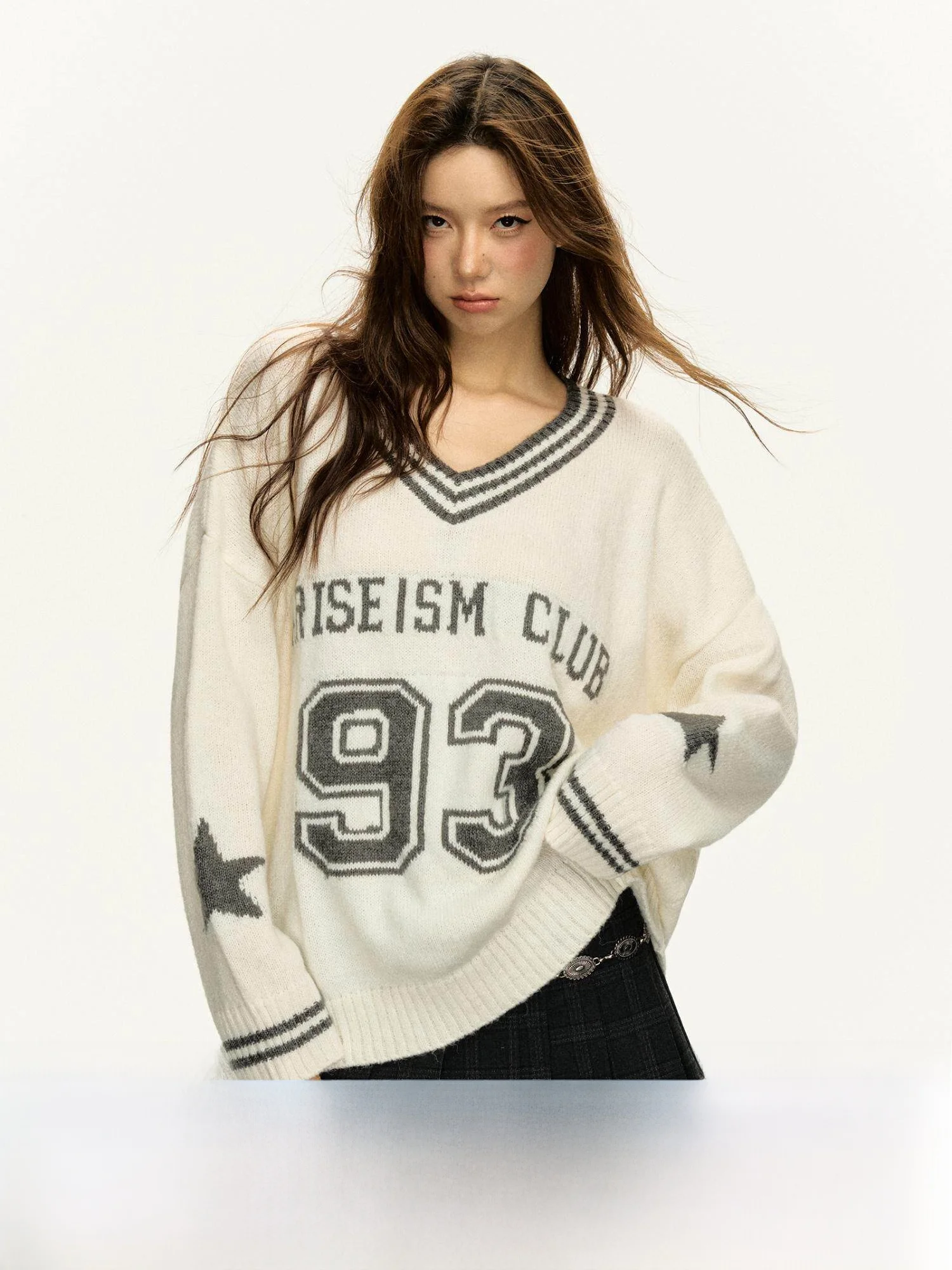 

Ariseism American Retro V-ne Long Sve Knitted Sweater Loose Women's Top Spring 2026 New Sle Street Faion