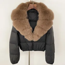 Puffer Jacket Winter Real Natural Fox Fur Collar V-neck Thick Warm Women Duck Down Jacket Casual Short Fox Fur Coat Outwears