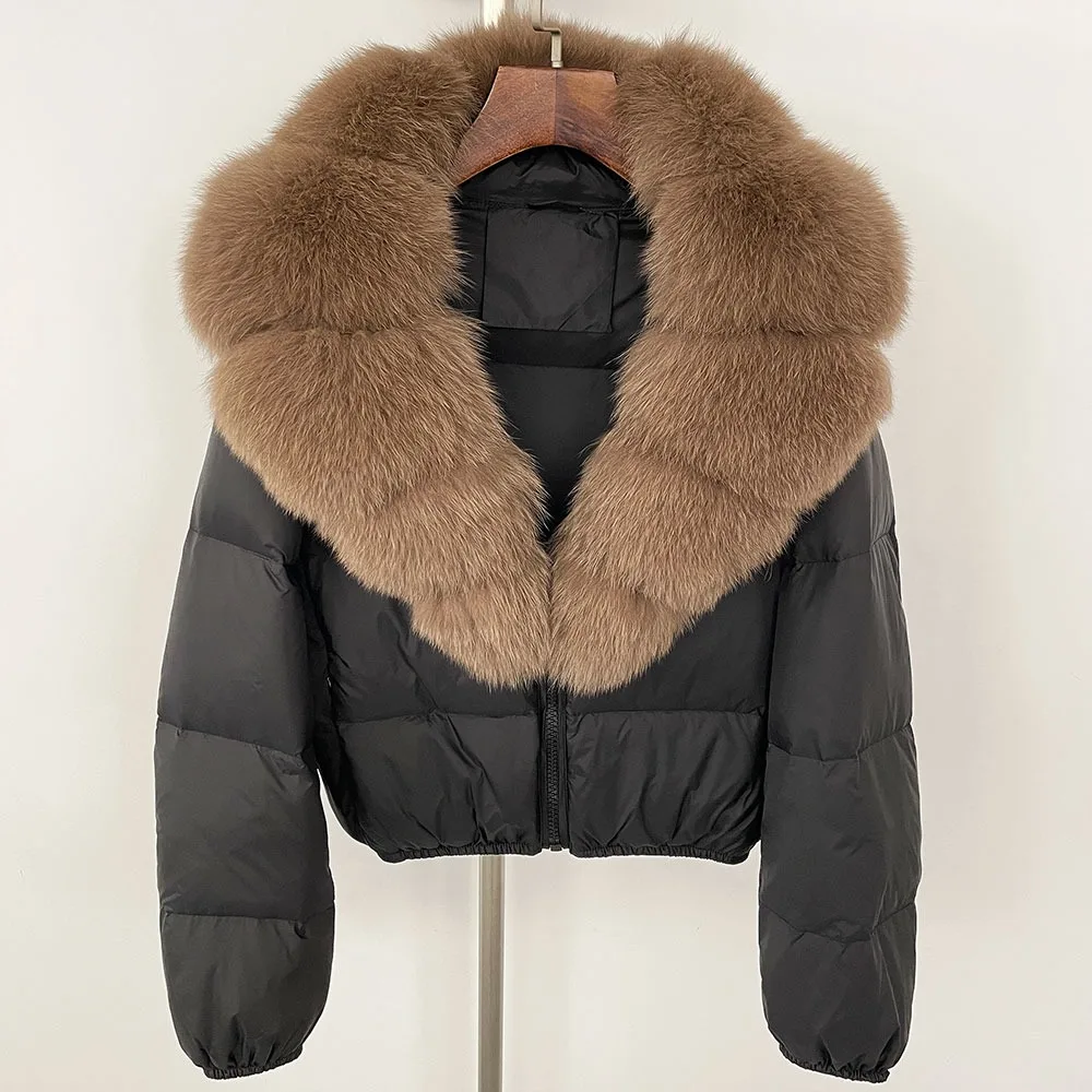 Piumino invernale in vera pelliccia di volpe naturale con scollo a V spesso caldo piumino d'anatra da donna casual corto cappotto di pelliccia di volpe capispalla