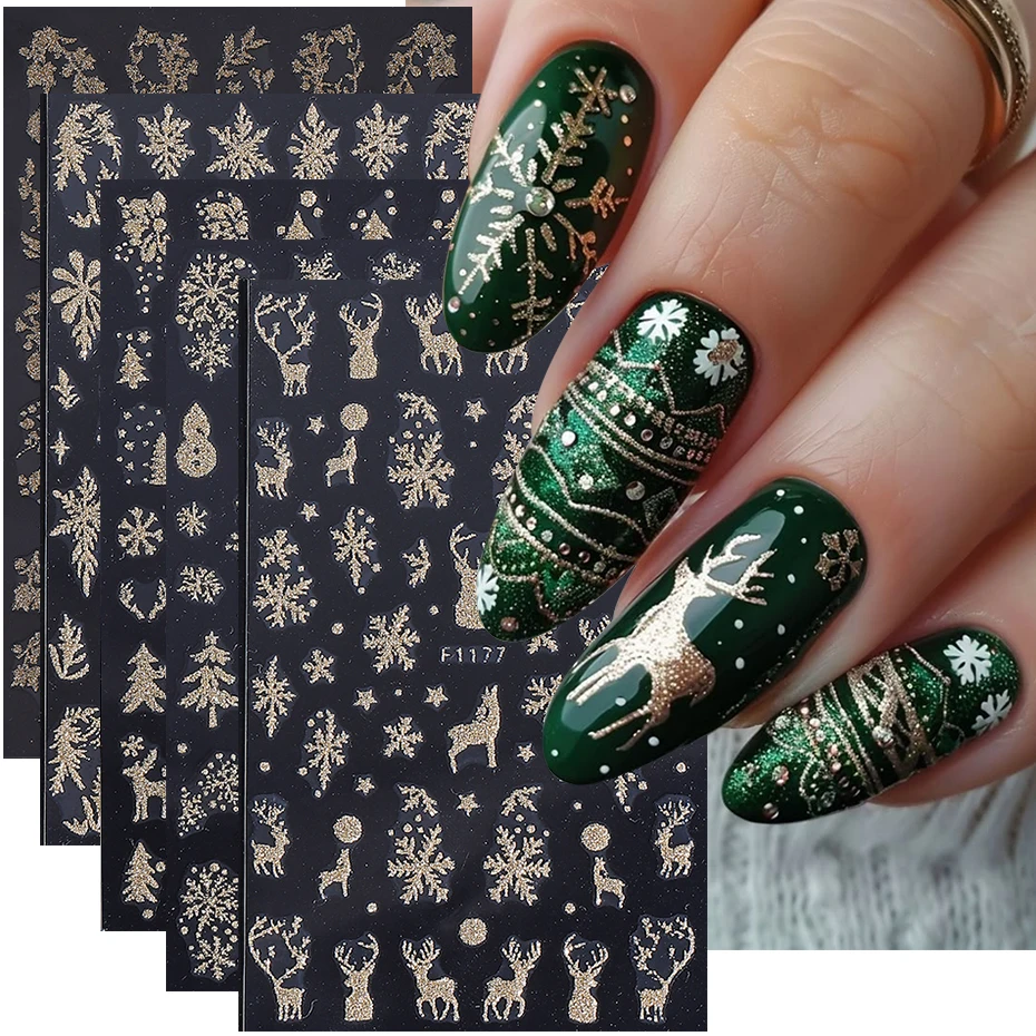 5 stücke Glitter Weihnachten Nagel Aufkleber Gold Silber Elch Schneeflocke Weihnachten Baum Selbst-klebe Nagel Aufkleber DIY Maniküre Dekoration slider