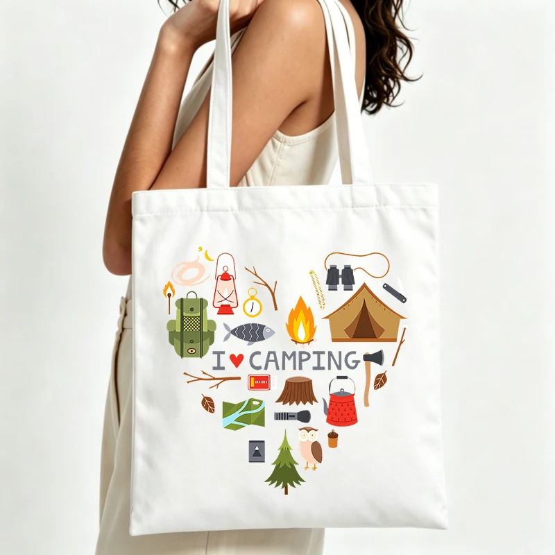 camping gear graphic canvas tote bag, casual style for outdoor trips and daily use