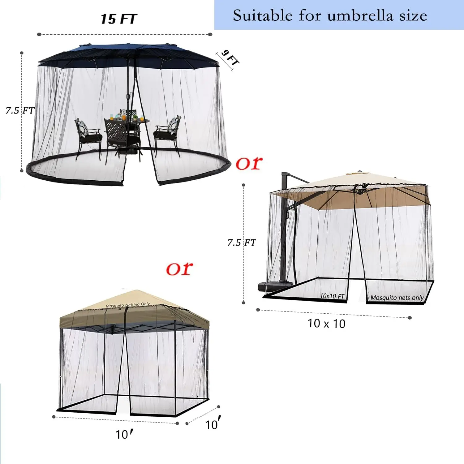 

15Ft Mosquito Netting for Patio 15ft Double-Sided Umbrella Large Outdoor, Patio Screen Mesh with Double Zipper and Ground
