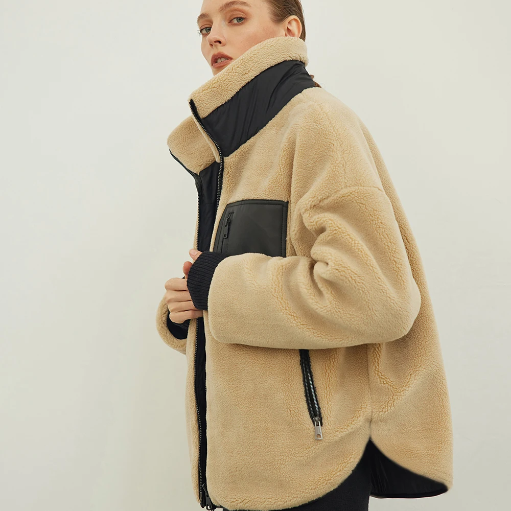 Turtleneck mkyn, jacket-cardigan with zipper, street warm insulated outerwear from artificial fur