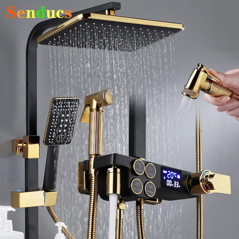 Senducs Thermostatic Digital Bathroom Shower Set 12 Inch Rain Shower Head Brass Bathroom Faucet Hot Cold Digital Shower System