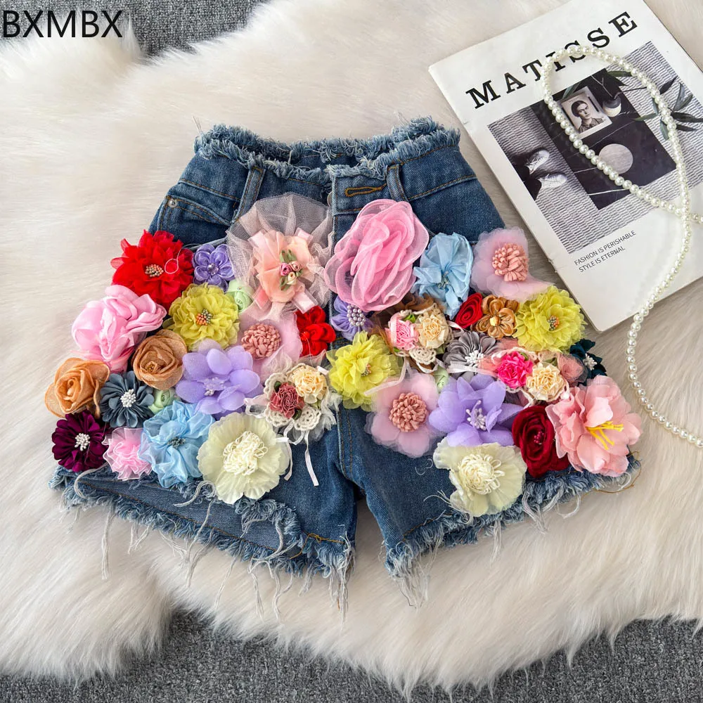

High-end colored flower burrs denim shorts women's high-waisted and thin versatile wide-leg hot pants