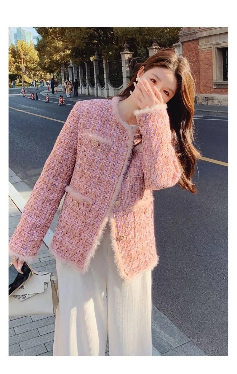New High End Small Fragrance Tweed Jacket Coat Women Winter Warm Inner Downs Sweet Pink O-neck Pockets Elegant Fashion Outwear