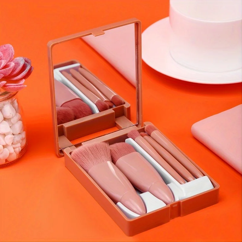 1Set  Luxury travel makeup brush set, equipped with a compact mirror and an easy to grip handle