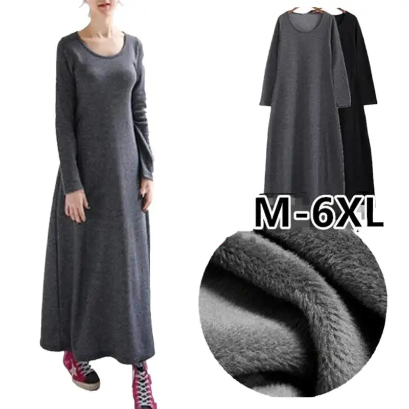 

2024 New Autumn&Winter Casual Long A-line Ankle-length Dress With Pockets Cotton Long Sleeves Lady Thicken Warm Dress