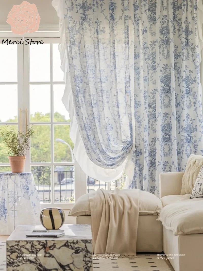 

Luxury Fresh Printed Ins Style French Pastoral Gauze Curtains for Living Room Bedroom Transparent Light Sheer High Drapes