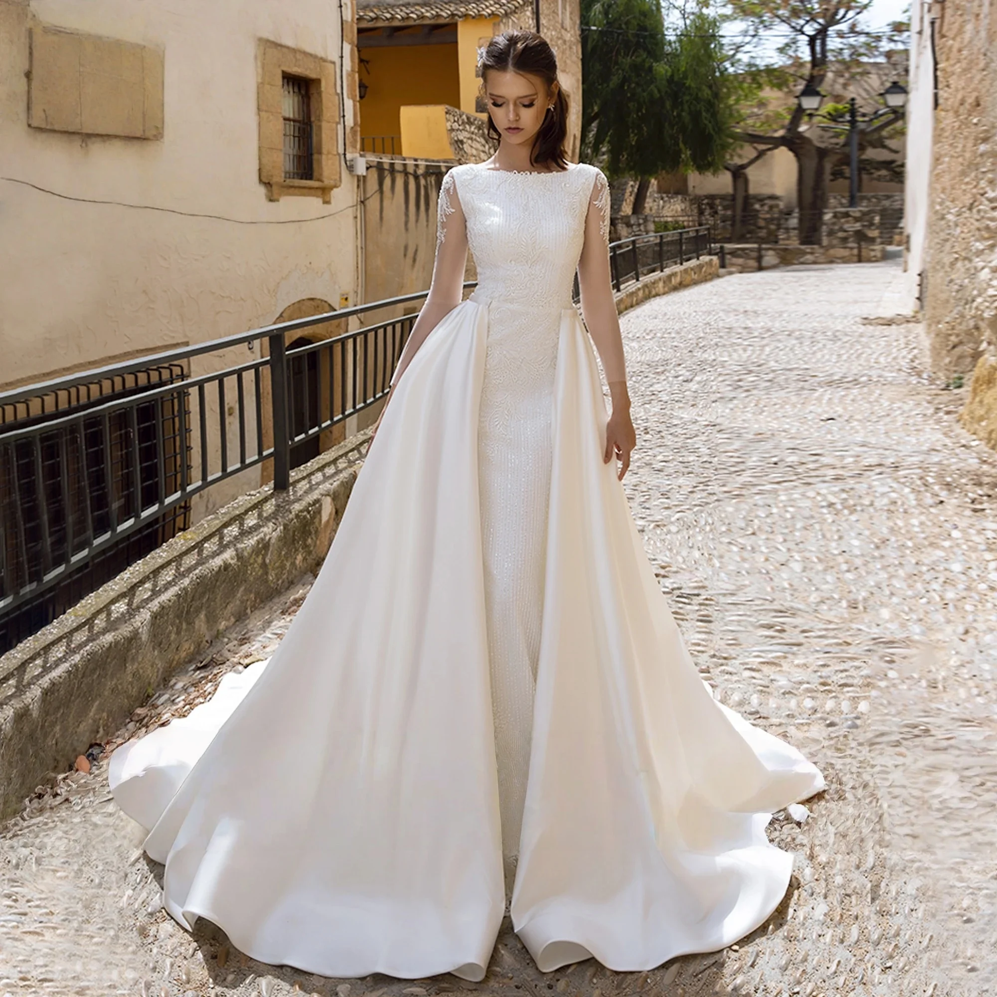 

Detachable Wedding Dresses A-line Long Sleeves Lace Boho Bridal Gown Saudi Arabic Dubai Islamic Vestido De Noiva Customized