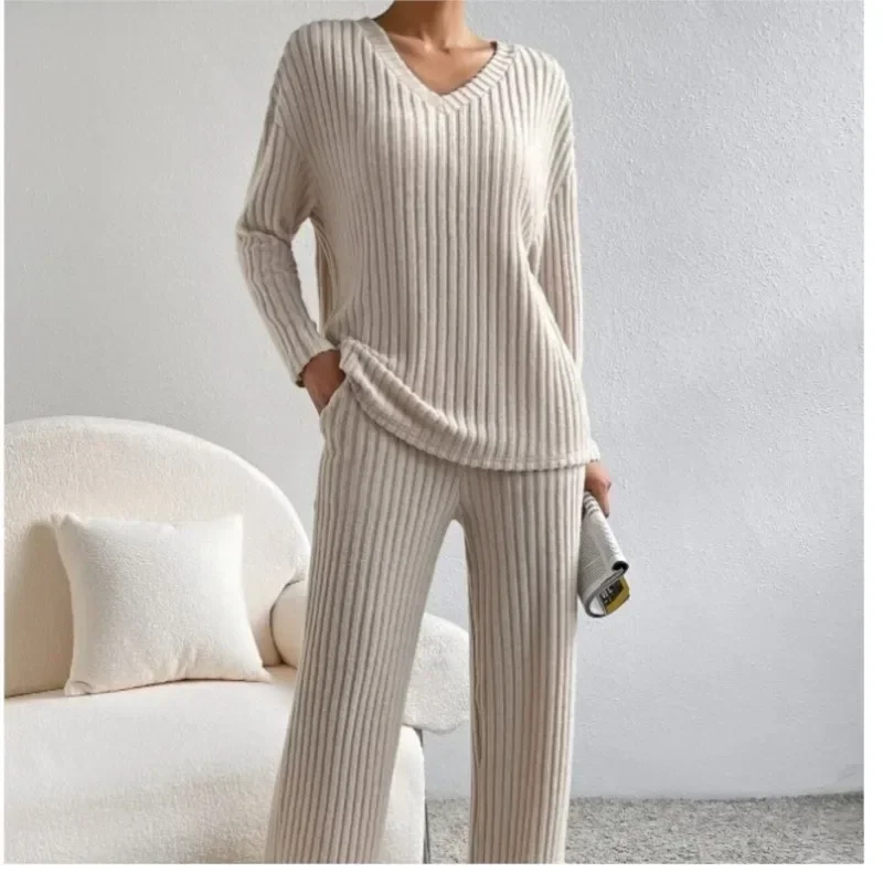 zekye Women's Casual V-Neck Women's Knitted Suit Top And Straight Pants Solid Color Sweater Two-Piece Set Home Suit For Women