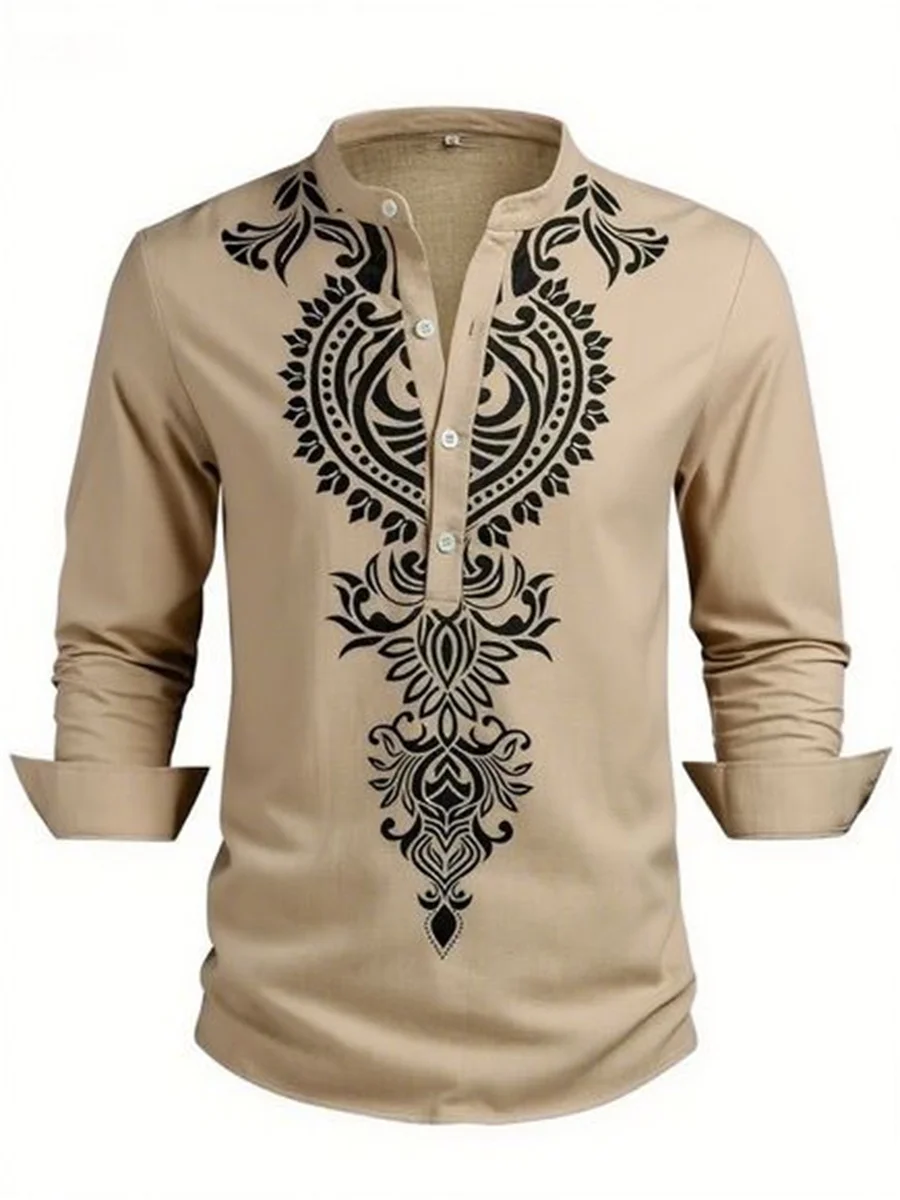 

Men's Retro Ethnic Style Cotton and Linen Shirt Tribal Totem Long Sleeve Shirt Half-open Stand Collar Button Casual Top