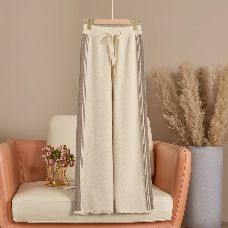 Autumn and winter bright silk color blocked pure wool pants for women's outerwear, knitted wide leg pants, casual pants