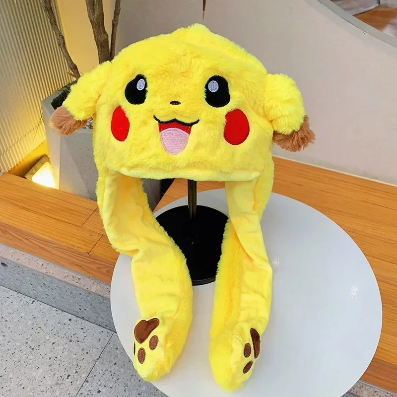 Kawaii Pokemon Pikachu Plush Moving Rabbit Ears Hat Cute Bunny Ears Hat Hand Pinch Cap Cartoon Soft Jumping Up Cap Kids Gifts