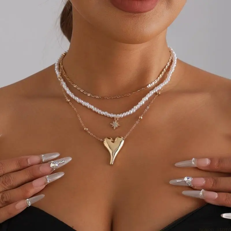 31BF Unique Imitation Pearls Necklace Multi Layer Featuring Heart Gift