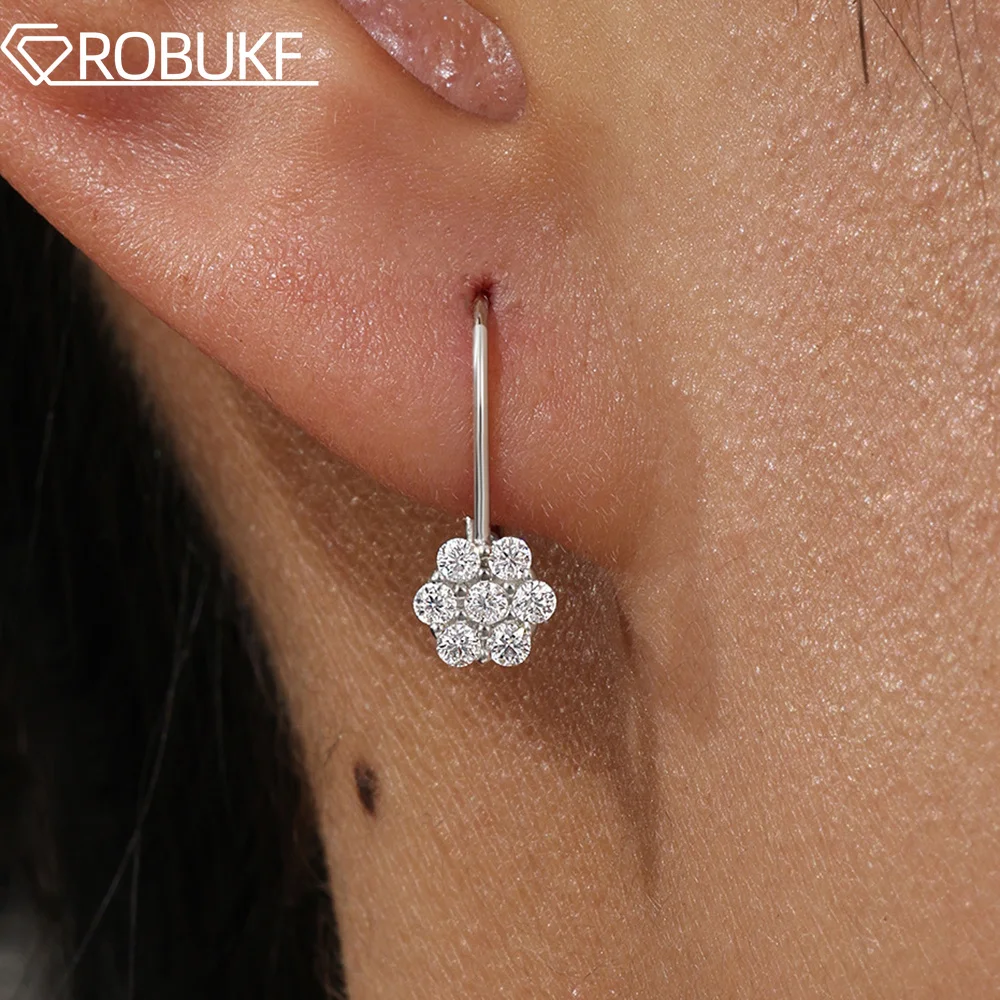Flower Halo Full Moissanite Huggie Hoop Earrings For Women D VVS Round Diamond S925 Silver Dangle Leverback Earring Jewelry Gift