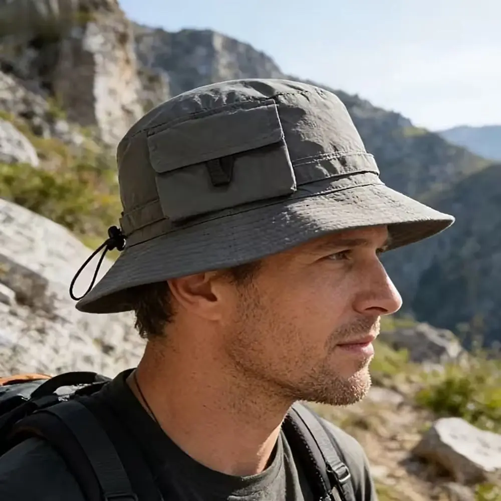 Anti-UV Foldable Bucket Hat Breathable With Storage Bag Quick Drying Fisherman Hat Polyester Pocket Design Sun Protection Hat