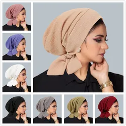 Trendy Long Tail Strap Hijab Turban Hats Muslim Solid Color Head Wraps Elastic Breathable Chemo Cap For Women Girls