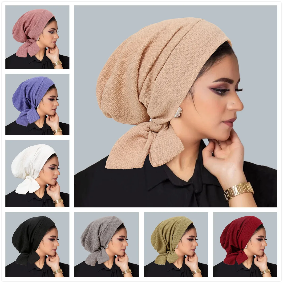 Trendy Long Tail Strap Hijab Turban Hats Muslim Solid Color Head Wraps Elastic Breathable Chemo Cap For Women Girls