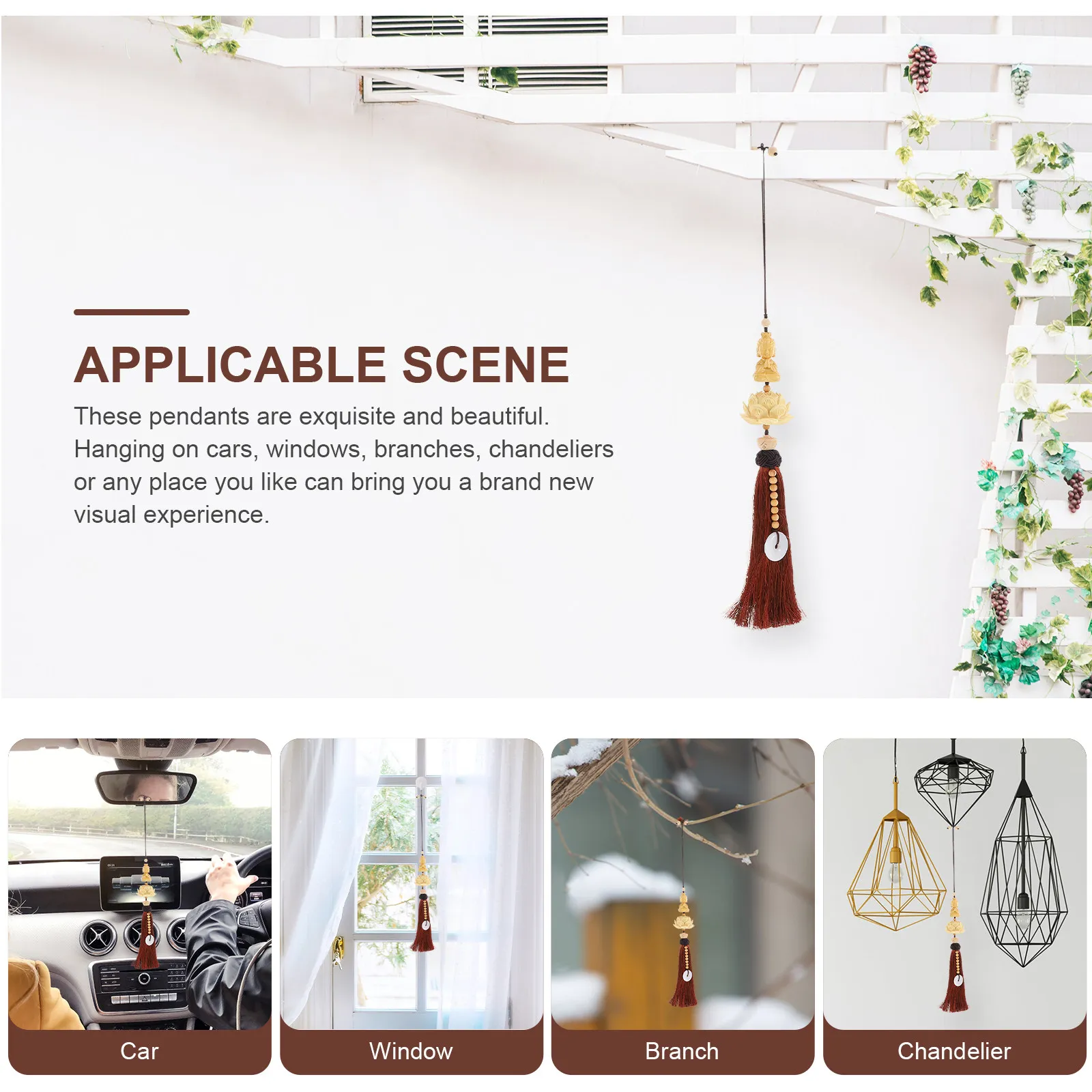 Guanyin Buddha Wooden Car Pendant Chic Lotus Hanging Decor Compact Retro Pendant Home Auto Rearview Mirror Hanging Decor