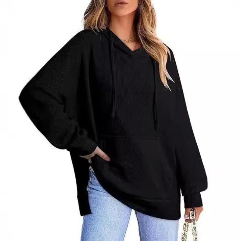 2024 Autumn/Winter Women's Hoodie Waffle Knitted Side Split Hooded Sweatshirt with Pocket Long Sleeve