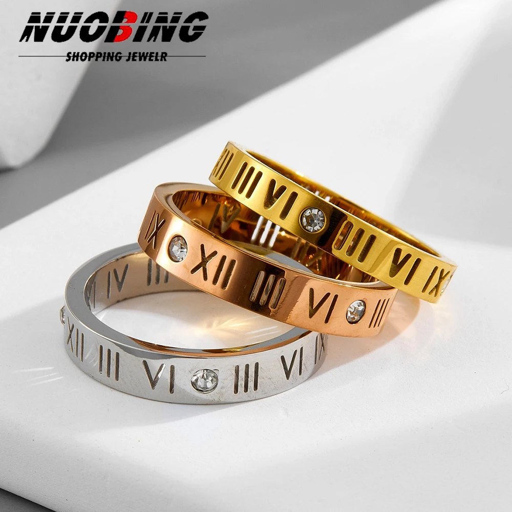 Crystal Rings Fashion Hollow Roman Numerals Zircon Stainless Steel Simplicity Accessories Bridal Wedding Women Rings Jewelry