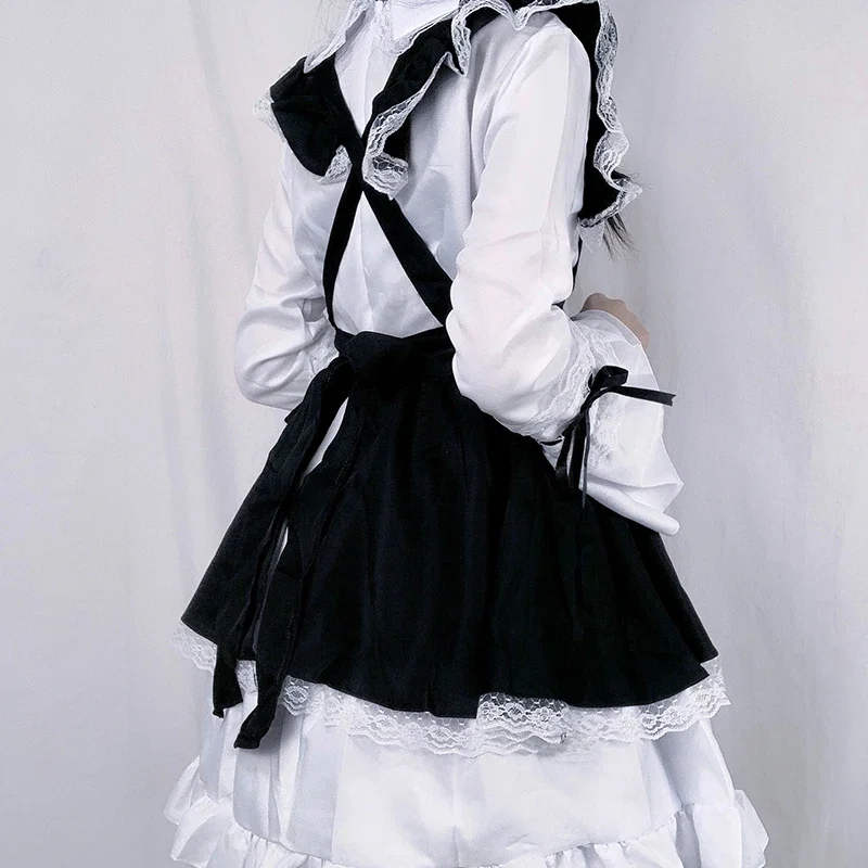 Traje de sirvienta Lolita para mujer, disfraz de cafetería erótico, vestido de uniforme blanco y negro, bonito vestido con lazo