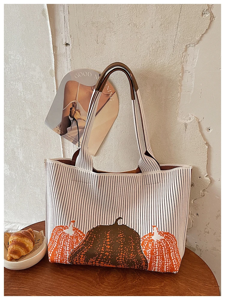 

Y2K Art Pumpkin Pattern Pleated Shopper Bag Korean Style Foldable Fabric Handbag Ladies Outdoor Work Travel Large Tote Purse