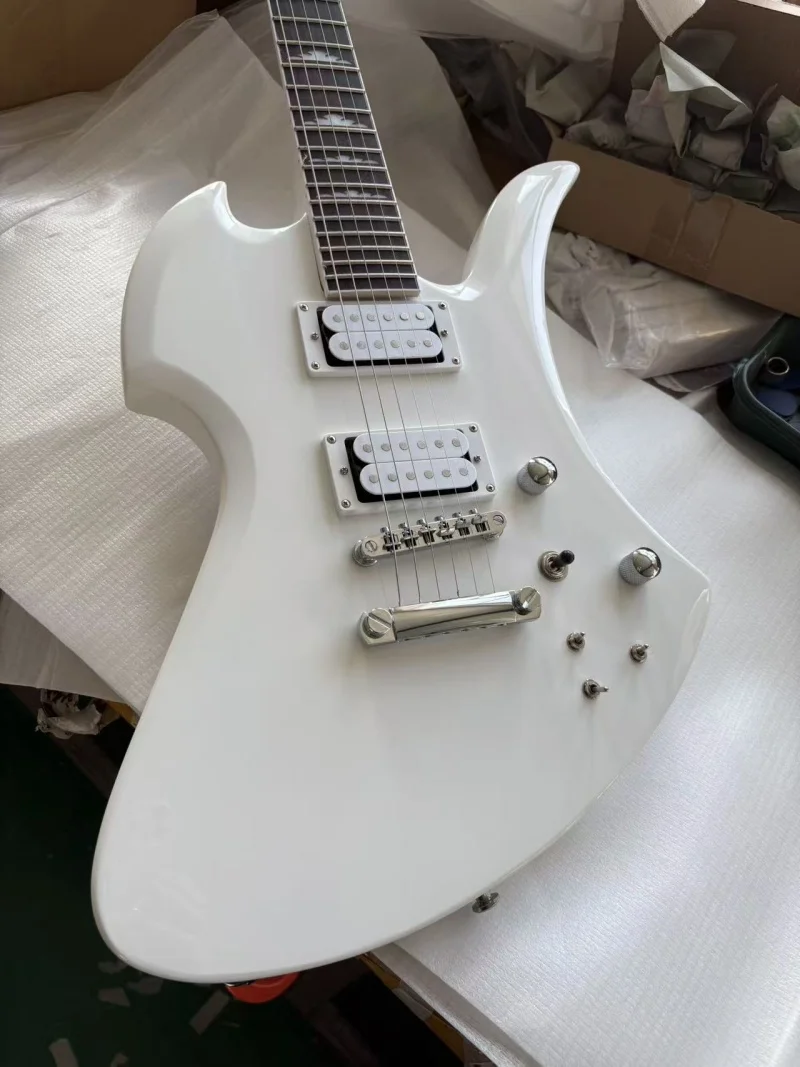 All-white 6-string electric guitar, made of solid wood, with high-gloss finish, active pickup, free delivery