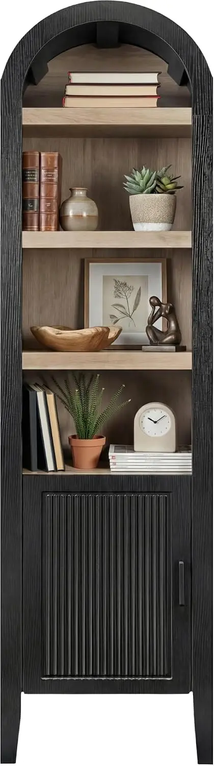 Mobile Kitchen Pantry Storage Cabinet Single Reeded Door Rolling Food Closet Cupboard Space Saving Wooden Accent Utility Organizer Tower Unit Farmhouse Display Rack Black Oak Finished