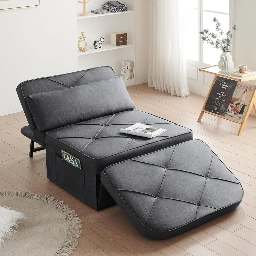 

Sofa Bed Plus, Convertible Chair 5 in 1 Multi-Function Folding Ottoman Modern Curved Linen Guest Bed with Lock-in Feature for A