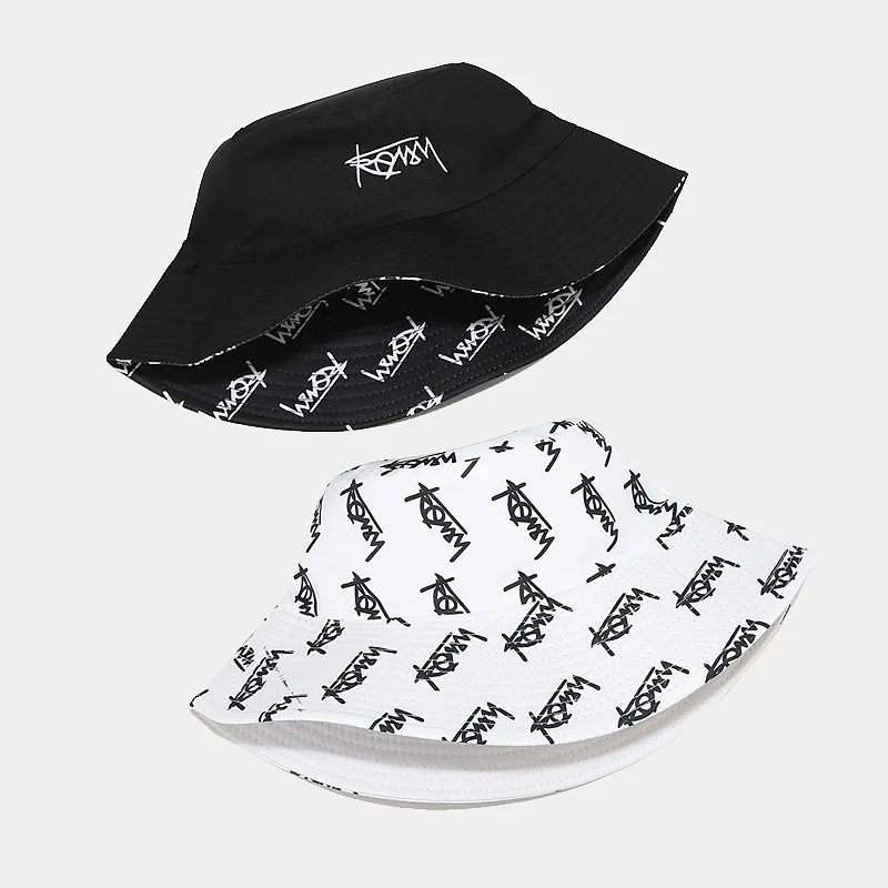 Fashion Print Wide Brim Bucket Hat For Women Men Korean Letter Embroidery Outdoor Sun Hats Double Side Wear Fisherman Panama Cap